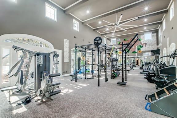 A well-equipped gym with various exercise machines and weights.