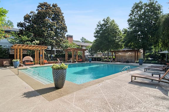 A pool area with a bench and a potted plant.