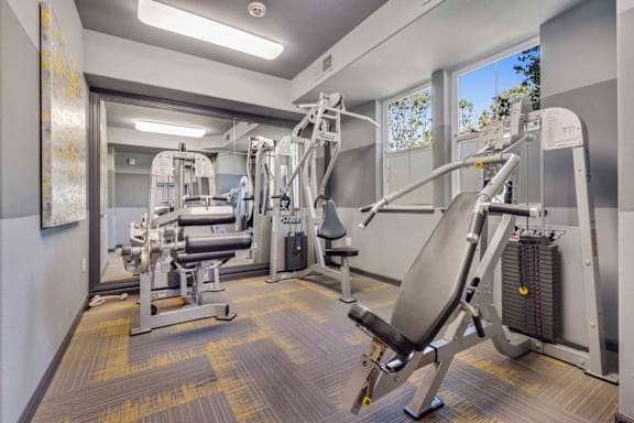 A gym with a variety of equipment including a leg press machine.