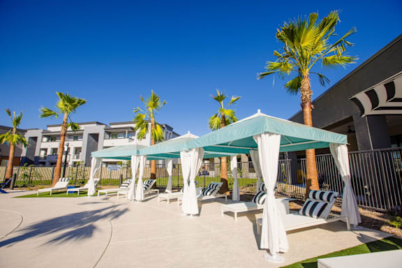 A sunny day at the poolside with a canopy and lounge chairs.