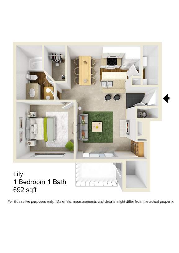 A floor plan of a one bedroom apartment with one bathroom.