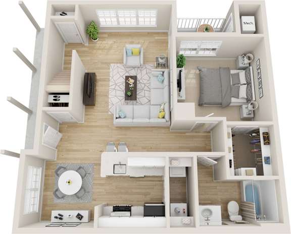 A top-down view of a modern apartment layout with a living room, kitchen, and bedrooms.
