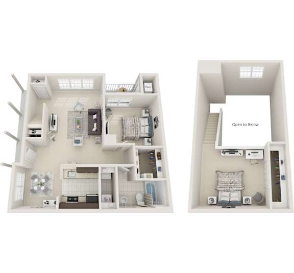 Floor Plan  Two images of a dollhouse interior with the right image having a label &quot;Open to Below&quot;.