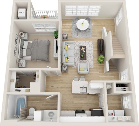 A 3D floor plan of a house with labeled rooms.