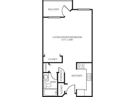 A black and white drawing of a floor plan for a living, dining and bedroom area.