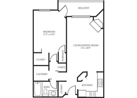 Floor Plan  A black and white image of a floor plan for a small apartment.