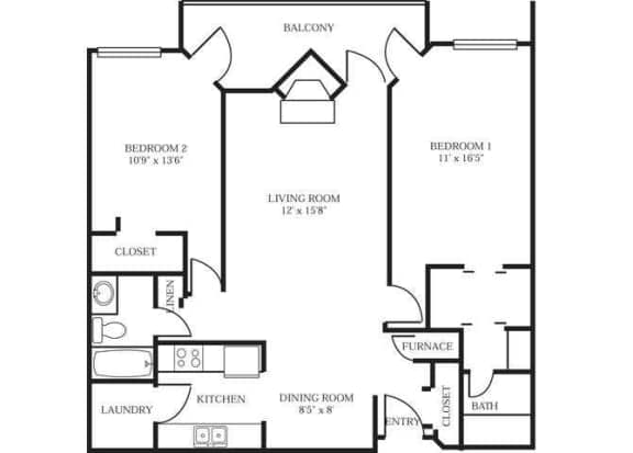 A black and white floor plan of a two bedroom apartment.