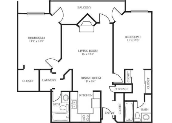 A black and white image of a house floor plan with two bedrooms, a living room, a dining room, a kitchen, a laundry area, a bathroom, a closet, and a balcony.