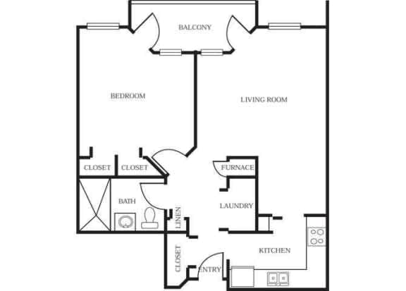 A floor plan of a house with a living room, two closets, a laundry room, a kitchen, a bath, and a balcony.