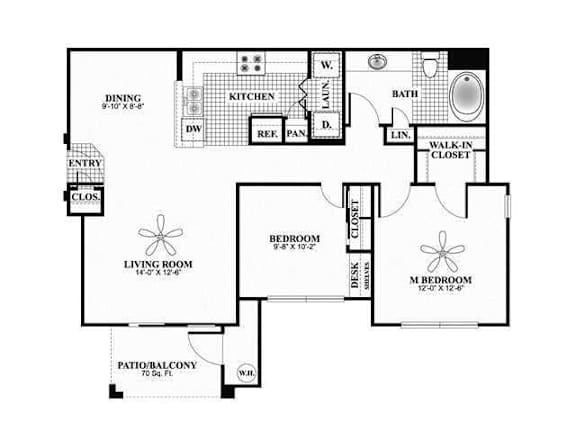 Floor Plan  A floor plan of a house with a living room, dining room, kitchen, and two bedrooms.