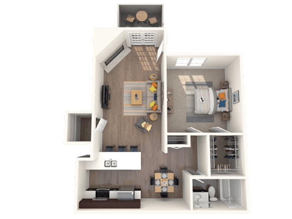 A top-down view of a small apartment with a kitchen, living room, and bathroom.