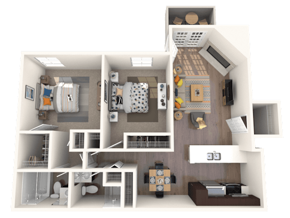 A 3D rendered image of a house layout.