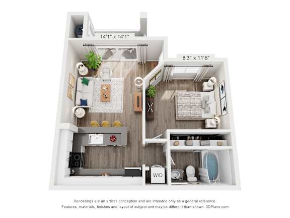 A 3D floor plan of a small apartment with a living room, kitchen, and bathroom.