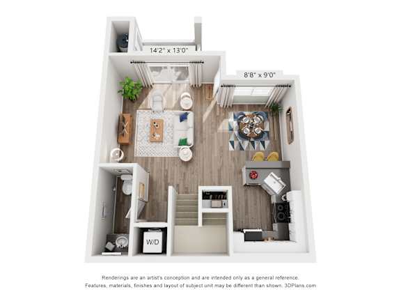 A 3D floor plan of a small apartment with a kitchen, living room, and bathroom.