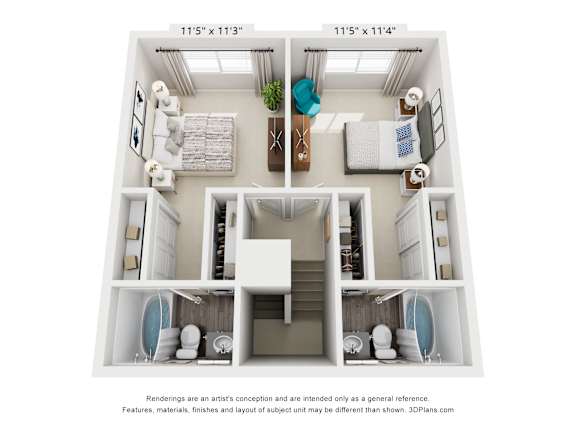 A floor plan of a small apartment with two bedrooms and a living area.