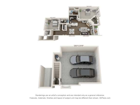 A 3D floor plan of a house with a garage and a car.