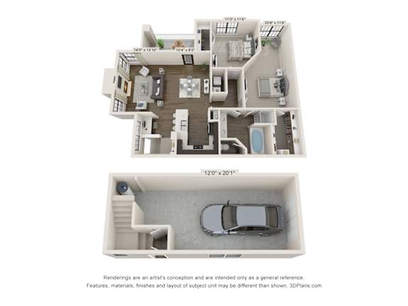 A 3D floor plan of a house with a garage.