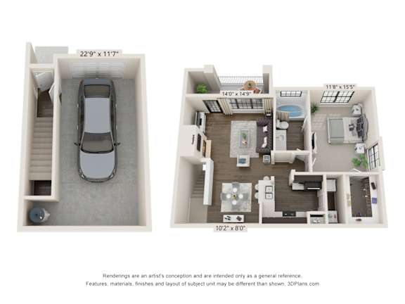 A diagram shows two floor plans of an apartment, one from the top and one from the bottom.