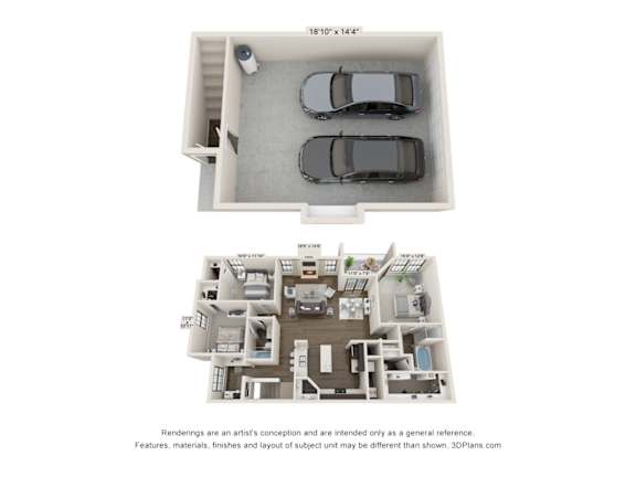 A 3D floor plan of a house with a garage and a living room.