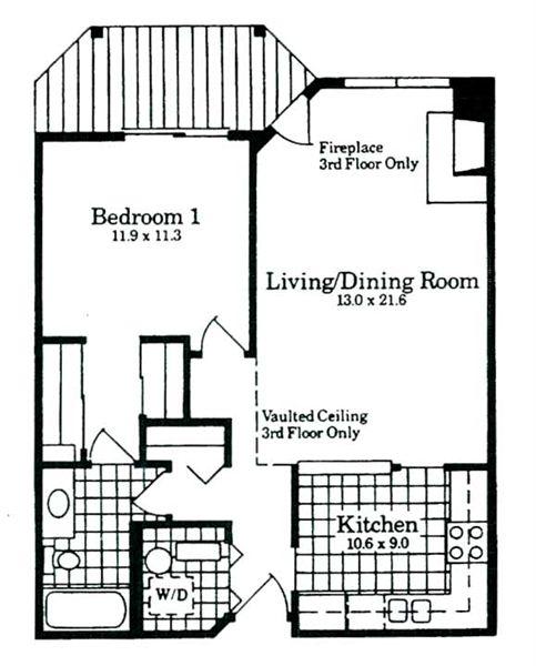 A drawing of a floor plan for a house with a living room, dining room, bedroom, and kitchen.