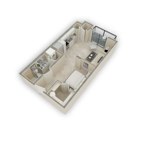 A 3D floor plan of a house with a kitchen, living room, and bathroom.