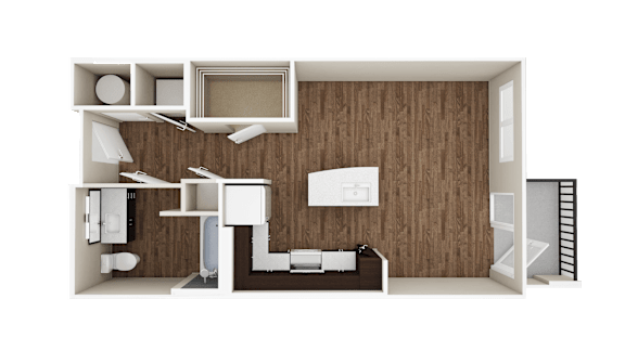 A 3D rendered image of a small apartment layout.
