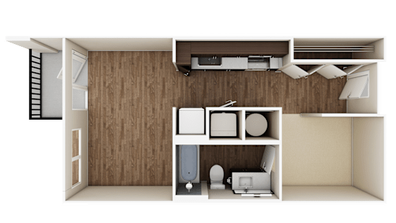 A 3D rendered image of a small apartment layout.