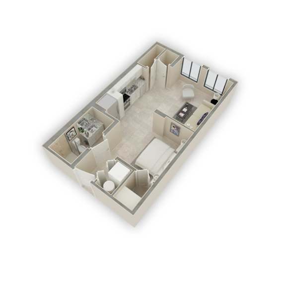A 3D floor plan of a house with a kitchen, living room, and two bedrooms.