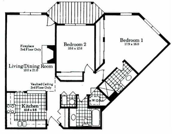 A black and white image of a house floor plan with a living room, two bedrooms, a kitchen, and a vaulted ceiling 3rd floor room.