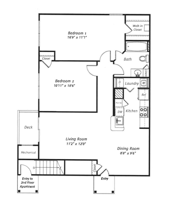 A floor plan of an apartment with two bedrooms, a living room, a dining room, a kitchen, a bathroom, a deck, and an entry to a second floor apartment.