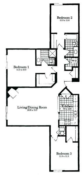 A black and white image of a house floor plan with three bedrooms and a living/dining room.
