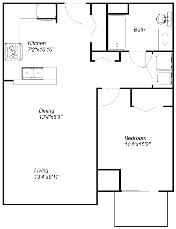 A floor plan of a small apartment with a kitchen, dining area, living room, and bathroom.
