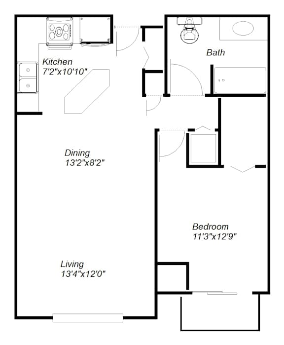 A floor plan of a small apartment with a kitchen, dining room, living room, and bathroom.