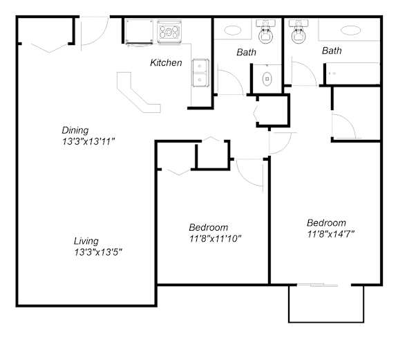 A floor plan of a house with a living room, dining room, kitchen, two bathrooms and two bedrooms.