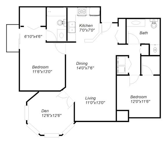 A floor plan of a house with a den, two bedrooms, a living room, a dining room, and a kitchen.