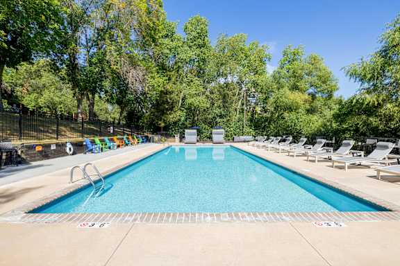 A large swimming pool surrounded by trees and lounge chairs.