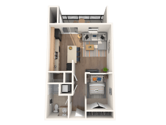 A white floor plan of a small apartment with a kitchen, living room, and bathroom.