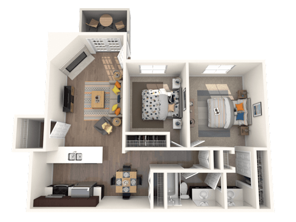 A 3D rendered image of a small apartment layout.