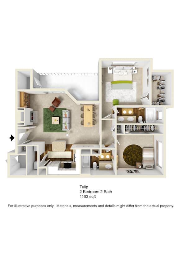 A 2 Bedroom 2 Bath apartment is shown in this illustration.