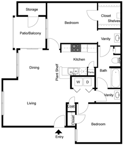 2 Bed 1 Bath Floor Plan at Canyon Ridge, Austin, 78753