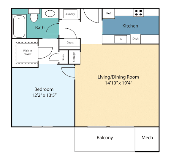 A floor plan of a living space with a bedroom, kitchen, and bathroom.