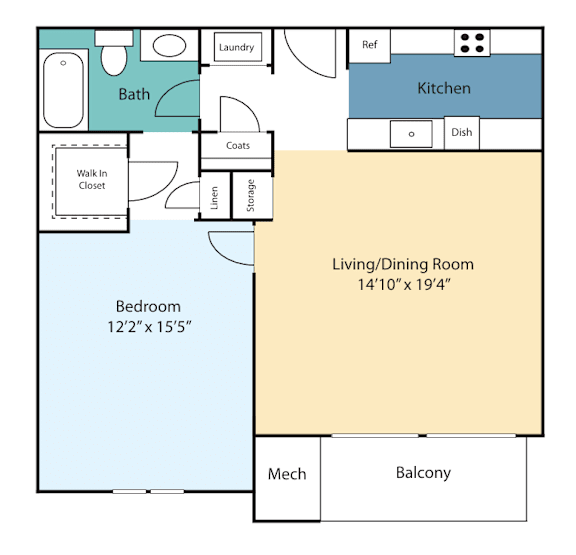A floor plan of a home showing a living room, kitchen, and bedroom.