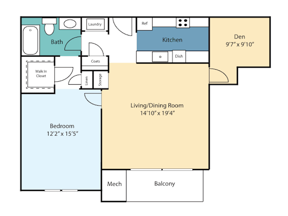 A floor plan of a home with a living/dining room, kitchen, bath, and bedroom.