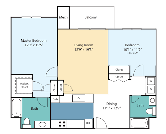 A floor plan of a home with a master bedroom, living room, dining area, and two bathrooms.