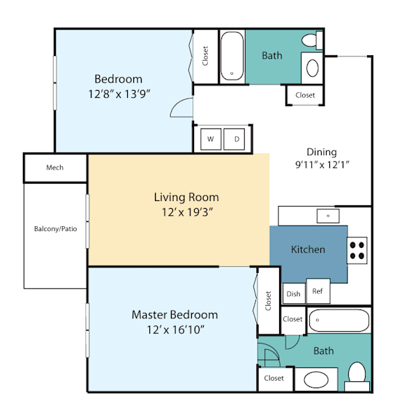 A floor plan of a home with a living room, kitchen, two bedrooms, and a master bedroom.