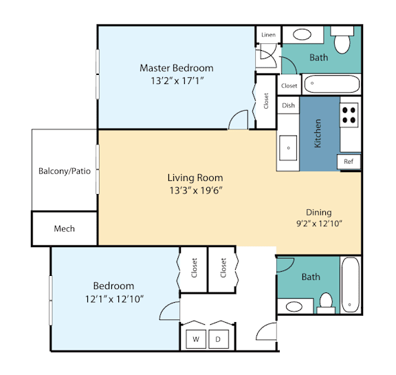 A floor plan of a home with a living room, two bedrooms, a bathroom, a kitchen, and a balcony.