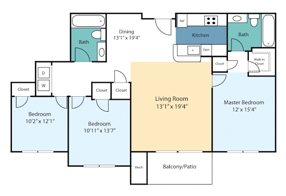A floor plan of a living room, kitchen, dining room, and two bedrooms with their respective dimensions.