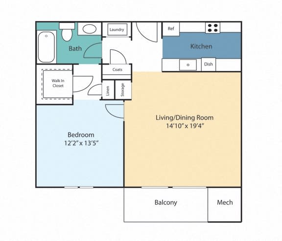 a floor plan of a two bedroom apartment with a bathroom and a kitchen