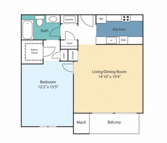 a floor plan of a two bedroom apartment with a bathroom and a kitchen