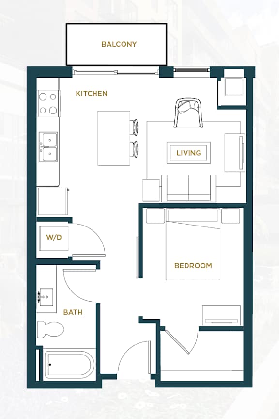 A floor plan of a small apartment with a balcony, kitchen, living room, bedroom, and bathroom.